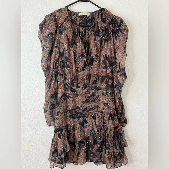 Ulla Johnson Cecily Ruffled Printed Fil Coupé Silk Blend Chiffon Mini Dress Sz:6